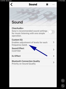 Screenshot of Tte -Custom EQ- option in the Sony Music Center app.