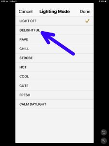 Screenshot of the -Delightful- Item on the -Lighting Mode- page in the Sony Music Center App on iPadOS.