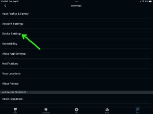 Screenshot of the -Device Settings- option on the Alexa app -Settings- page.