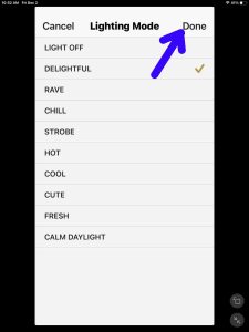 Screenshot of the -Done- Item with -Delightful- option set on the -Lighting Mode- page.