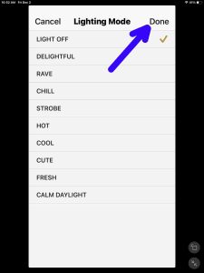 Screenshot of the -Done- item on the -Lighting Mode- page for the Sony SRS XP500 speaker.