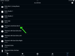 Screenshot of the Echo Dot 4 appearing on the -All Devices- page.