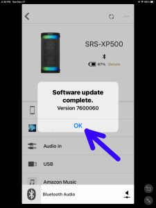 Picture of the -Firmware 7600060 Update Complete- page, showing the -OK- button in the app.