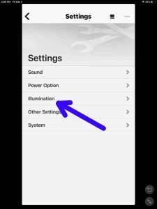 Screenshot of the -Illumination- item on the Sony SRS XG500 -Settings- page.