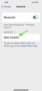 Screenshot of the iPhone -Bluetooth Settings- page, showing the Sony SRS XG500 as Discovered.