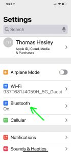Screenshot of the iPhone -Settings- page showing the -Bluetooth- option.