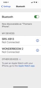 Screenshot of the iPhone -Bluetooth Settings- page.