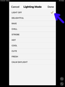 Screenshot of the -Light OFF- option checked on the -Lighting Mode- page.