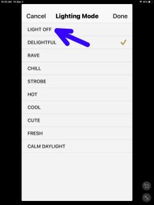 Screenshot of the -Light OFF- option on the Sony SRS XP500 -Lighting Mode- page.