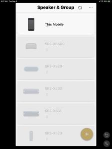Screenshot of the -Device List- page, showing no devices connected in the Sony Music Center app on iPadOS.