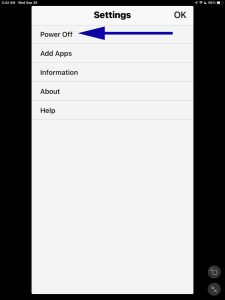 Screenshot of the -Power OFF- option on the Settings page.