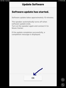 Screenshot of the -Software Update Has Started- page, showing the -OK- button.