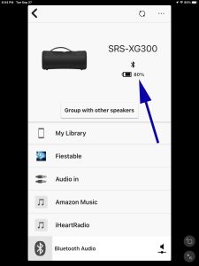 Picture of the battery percentage gauge on the Sony SRS XG300 Home screen in the Sony Music Center app.