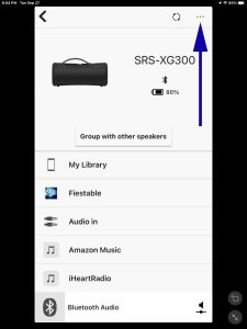 Screenshot of the Sony Music Center app. showing the XG300 -Home- page -More- button.