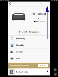 Picture of the Sony SRS XG500 -Home- page -More- button in the app.