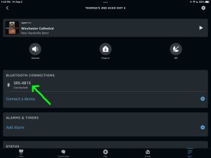 Screenshot of the Sony SRS XB13 showing as Connected to an Echo Dot 4 on the -Device Settings- page. Now connected to Alexa.