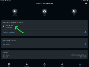 Screenshot of the Sony SRS-XG300 showing as Connected to an Echo Dot 4 in the app.