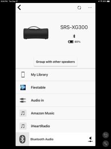 Screenshot of the Sony SRS XG300 -Home- page in the Sony Music Center app on iPadOS.