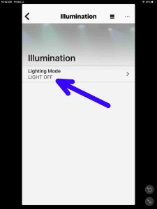 Screenshot of the Lighting Mode Set to -Light OFF- on the -Illumination Settings- page.
