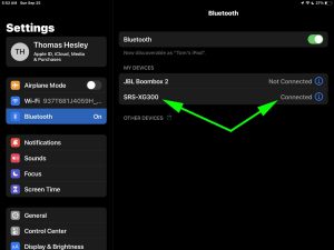 Screenshot of the Sony SRS XG300 showing as Connected on iPadOS.