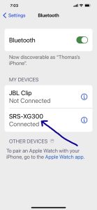Screenshot of the Sony SRS XG300 showing as Connected on an iPhone.