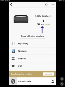 Screenshot of the battery percentage gauge on the Sony SRS XG500 Home page in the Sony Music Center app.