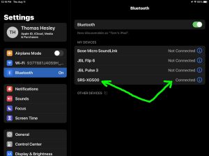Screenshot of the Sony SRS XG500 BT speaker showing as Connected on an iPad.
