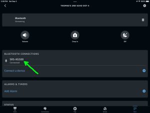 Screenshot of the Sony SRS XG500 speaker showing as Connected to an Echo Dot 4 in the Alexa app on iPadOS.