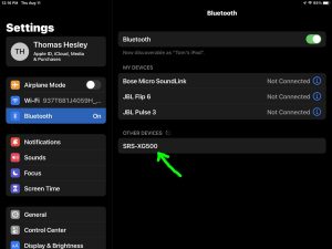 Screenshot of the Sony SRS XG500 boombox showing as Discovered on an iPad.