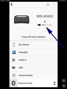 Screenshot of the battery percentage readout on the Sony SRS XG500 -Home- page in the Sony Music Center app on iPadOS.