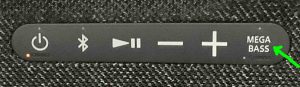 Picture of the -MEGA BASS- button on the Sony SRS XG500 BT speaker.