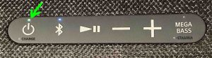 Picture of the -Power- lamp glowing green on the Sony SRS XG500 BT speaker.