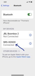Screenshot of the Sony SRS XG500 showing as Connected on an iPhone.