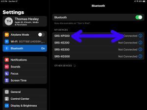 Screenshot of the Sony SRS XP500 Bluetooth speaker, showing as Connected on an iPadOS device.