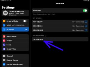 Screenshot of the Sony SRS XP500 speaker, showing as Discovered on an iPadOS device.