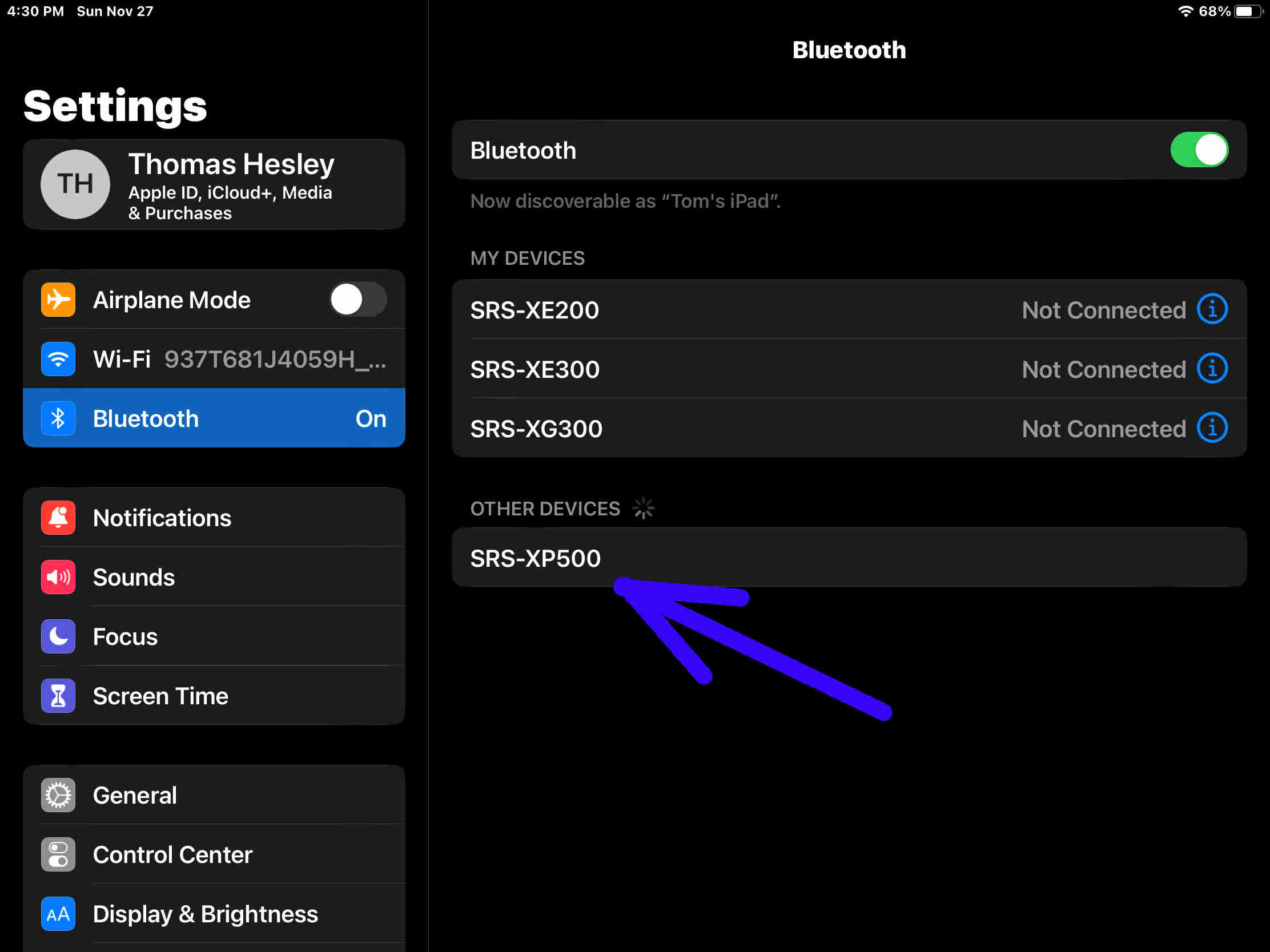 Screenshot of the Sony SRS XP500 speaker, showing as Discovered on an iPadOS device.