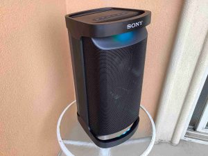 Picture of the front left of the party speaker.
