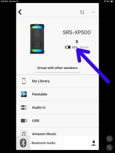 Screenshot of the Battery Percentage item on the the Sony SRS XP500 speaker -Home- page in the Sony Music Center app.