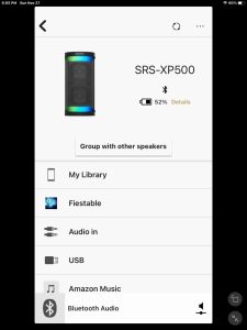Screenshot of the Sony SRS XP500 -Home- page in the Sony Music Center app on iPadOS.