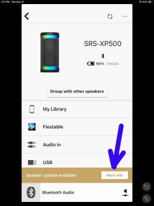 Screenshot of the Sony SRS XP500 -Home- page in the app, showing that a firmware update is available with the -More Info- button highlighted.