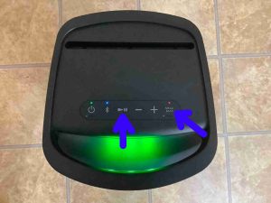 Picture of the Play-Pause and Mega Bass Stamina Buttons on the Sony SRS XP500 party speaker.