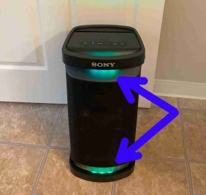 Picture of the Sony SRS XP500 speaker with its glowing party lights on the front.