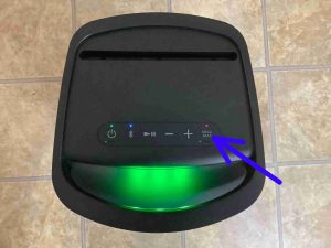 Picture of the -Mega Bass Stamina- button on the top of the Sony SRS XP500 Bluetooth speaker.