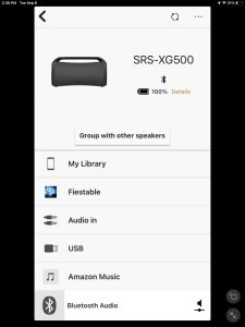Picture of the Sony SRS XG500 -Home- Page in the Sony Music Center app on iPadOS.