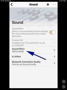 Screenshot of the -Sound Effect- option set to -MEGA BASS- on the -Sound- Page in the Sony Music Center App on iPadOS.