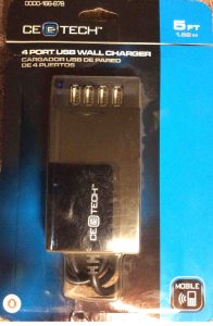 Picture of the CE Tech 4 Port USB wall charger package front.
