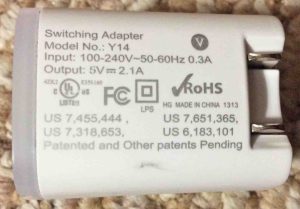 Picture of the GE Jasco Y14 dual port USB wall charger label side specs.